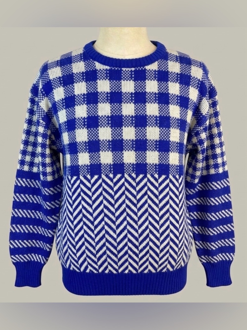 Vintage 80s 90s F.C.O. Geometric Knit Sweater Blue White Gingham Chevron Large